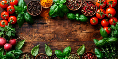 Variety of spices and herbs on wooden background. Top view.の素材