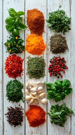 Variety of spices and herbs on white wooden background, top viewの素材