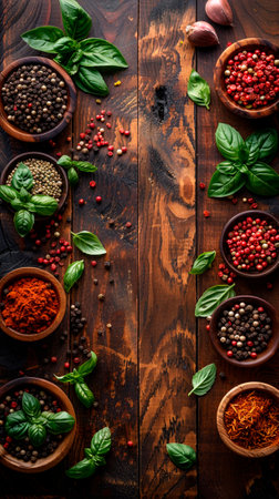 Various spices and herbs on wooden background. Top view. Copy space.の素材