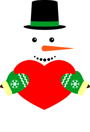Snowman with a red heart on a white background, vector illustrationの写真素材
