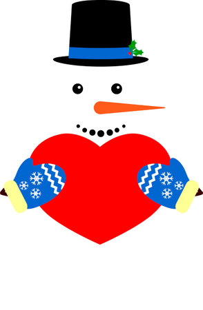 Snowman holding a red heart in his hand. Vector illustration.の写真素材