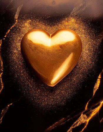 Heart shaped box with golden glitterle background with bokeh lightsの素材