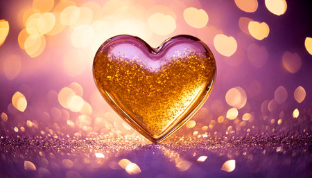 Heart shaped box with golden glitterle background with bokeh lightsの素材