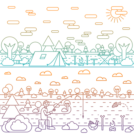 Forest and river illustration in linear style park, trees, clouds graphic design templateのイラスト素材