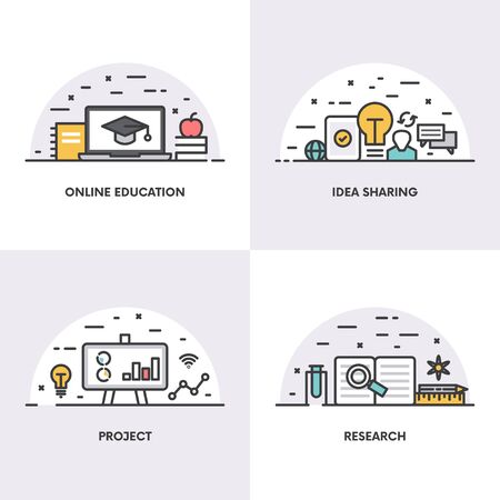 Vector linear design. Concepts and icons for online education, idea sharing, project and researchのイラスト素材