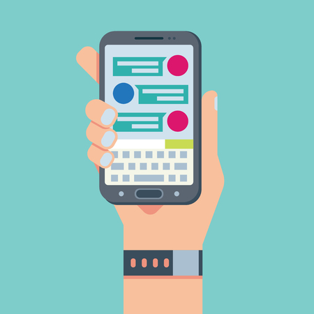 Flat mobile phone chat message notifications, hand with smart phone and chatting bubble speechesのイラスト素材