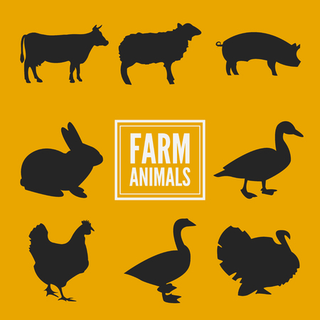 Farm animals silhouettes collection isolated on yellow vectorのイラスト素材