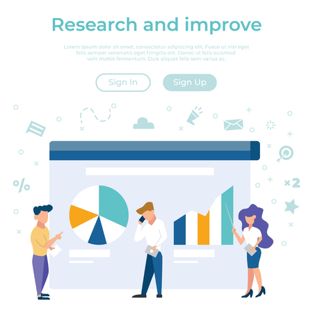 Vector illustration concept of business management software, statistics, trends and productivity, app development, data analysis. Creative flat design for web banner.のイラスト素材