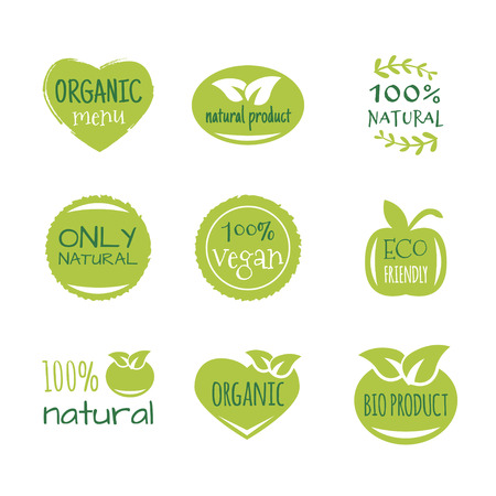 Eco food, organic bio products, eco-friendly, vegan icons, ecology. Set of icon design elementsのイラスト素材