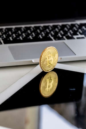 Bitcoins and New Virtual money concept. vertical frameの写真素材