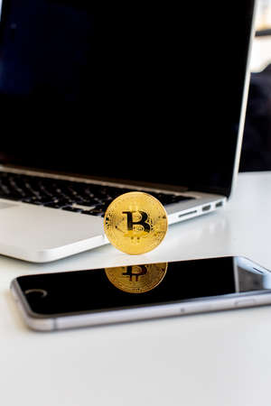 Bitcoins and New Virtual money concept. vertical frameの写真素材