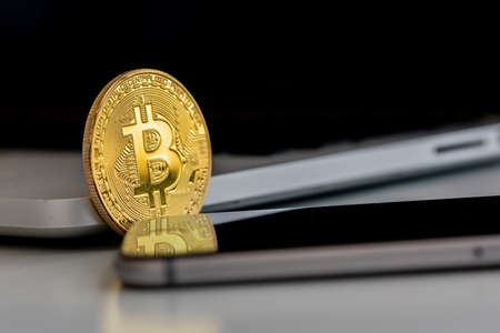 Bitcoins and New Virtual money concept. vertical frameの写真素材