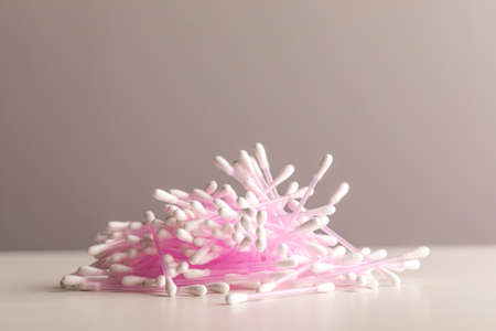 Cotton bud on white background, plastic cotton swabsの写真素材
