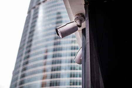 Cctv camera system on wall technology wifi rotation tracking ai systemの写真素材