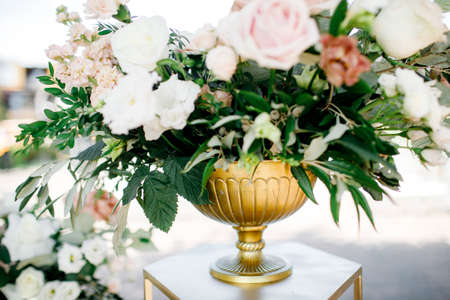 beautiful vase of roses. wedding decor. luxury bouquetの写真素材