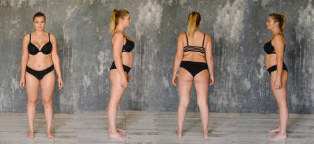 success, diversity, beauty, body positive and people concept. standing straight, profile side, rear back viewsの写真素材