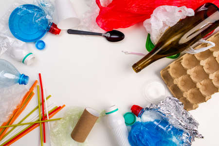 Samples of trash that can be recycled isolated on white background. Copy space. の写真素材