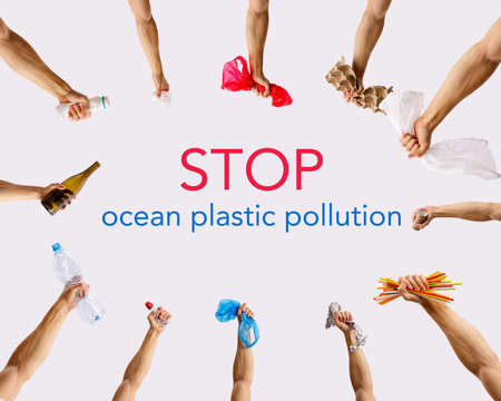 Stop ocean plastic pollution. Ecological poster. Hands holding plastic wasteの写真素材