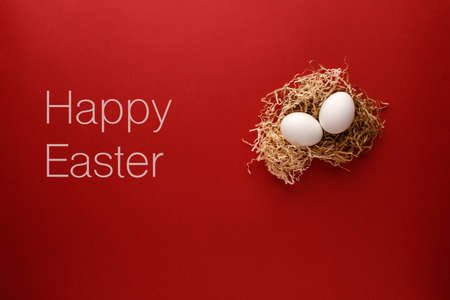 Top view shot of arrangement decoration Happy Easter holiday background conceptの写真素材