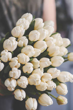 girl holding a large bouquet of tulips in her handsの写真素材