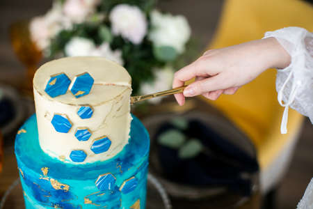A bride and a groom is cutting their wedding cake.の写真素材