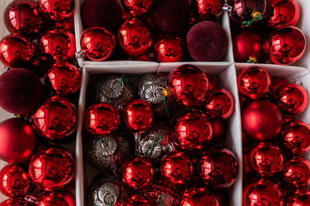 Red Christmas toys, balls for the Christmas treeの写真素材