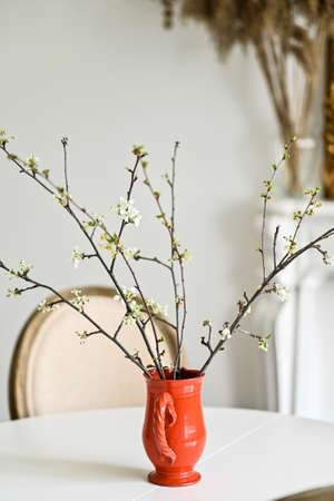 cherry blossoms in a red vase. Modern interiorの写真素材