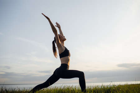 Silhouette rear view of woman doing yoga in tree pose meditating on a rock by the sea with sunsetの写真素材
