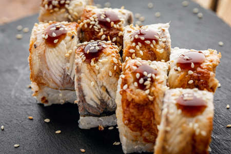 sushi with sesame seeds, close-up. Japan foodの写真素材