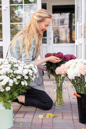 Flower Shop Small Business Owner. Florist prepare bouquet