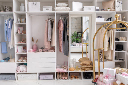 Modern white wardrobe with stylish spring clothes and accessories. Large wardrobe with various clothesの写真素材