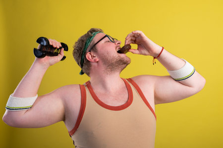 funny fat man in sports clothes with dumbbells in his hands eats chocolate cookies