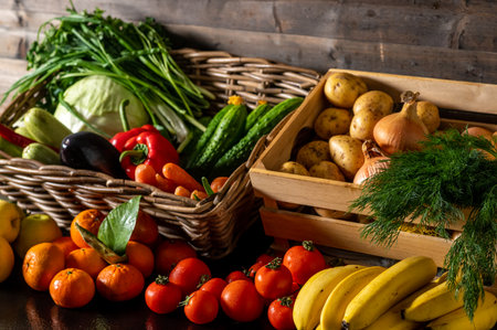 Vegetable farmer market counter: colorful various fresh organic healthy vegetables at grocery store. Healthy natural food conceptの写真素材