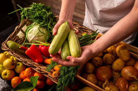Organic vegetables. Farmers hands with freshly picked apples. Fresh organic apples. Fruits and vegetables marketの写真素材