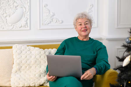 Senior mature older woman watching business training, online webinar on laptop computer remote working or social distance learning from homeの写真素材