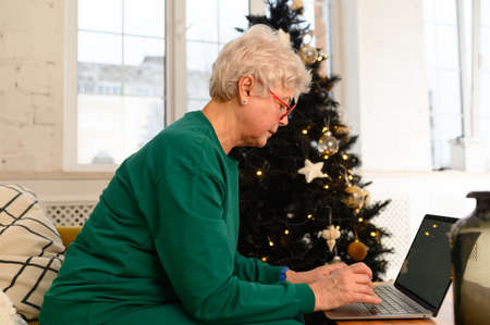 Happy old senior grey-haired woman grandmother to web cam video conference calling familyの写真素材