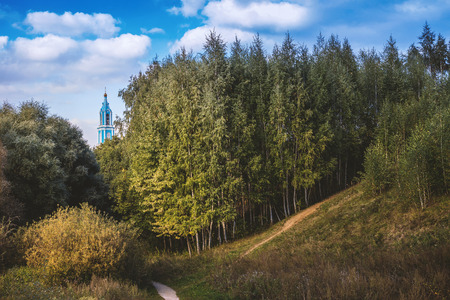 Landscape with blue church under the blue skyの写真素材