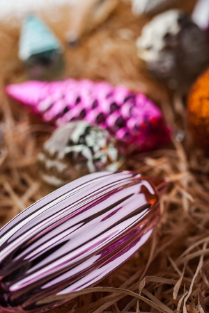 Unpacking Christmas tree decorations with blurred backgroundの写真素材