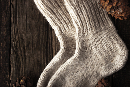 Knitted wool socks with cone horizontalの写真素材