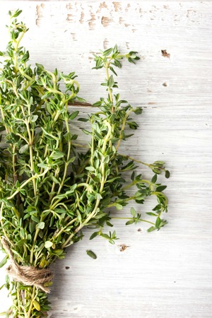 Bunch of thyme on the white board verticalの写真素材
