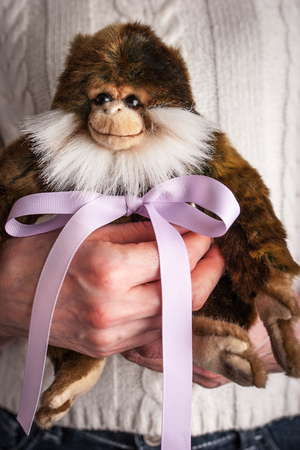 Monkey toy  with violet ribbon in the woman handsの写真素材