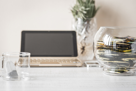 Reception with an assortment of tea bags in a vase horizontalの写真素材
