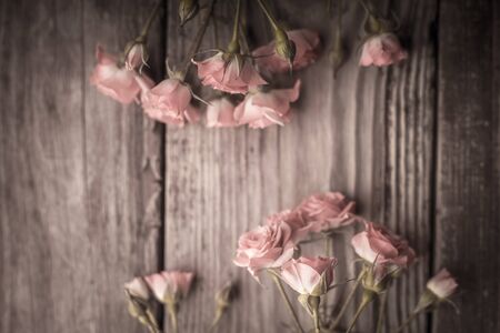 Bouquets of roses on a wooden table horizontalの写真素材