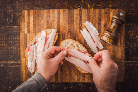 Cooking sandwiches with lard top viewの写真素材