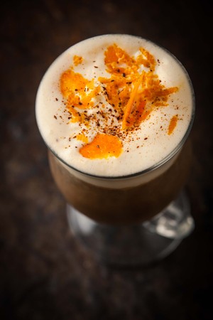 Irish coffee with orange peel top viewの写真素材