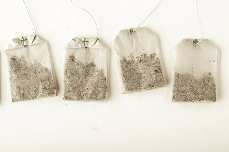 Tea bags on the white background top viewの写真素材