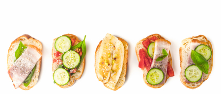 Different tartines on the white background wide screenの写真素材