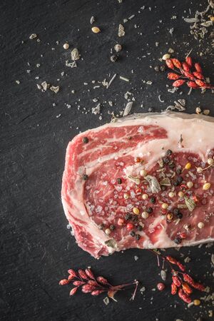 Piece of ribeye steak marble, sage and barberry berries on a blue slate verticalの写真素材