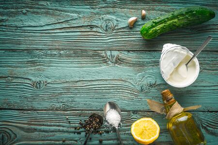 Ingredients for Gyros on the blue boardの写真素材