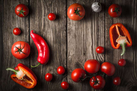 Ingredients for gazpacho soup on old boards horizontalの写真素材